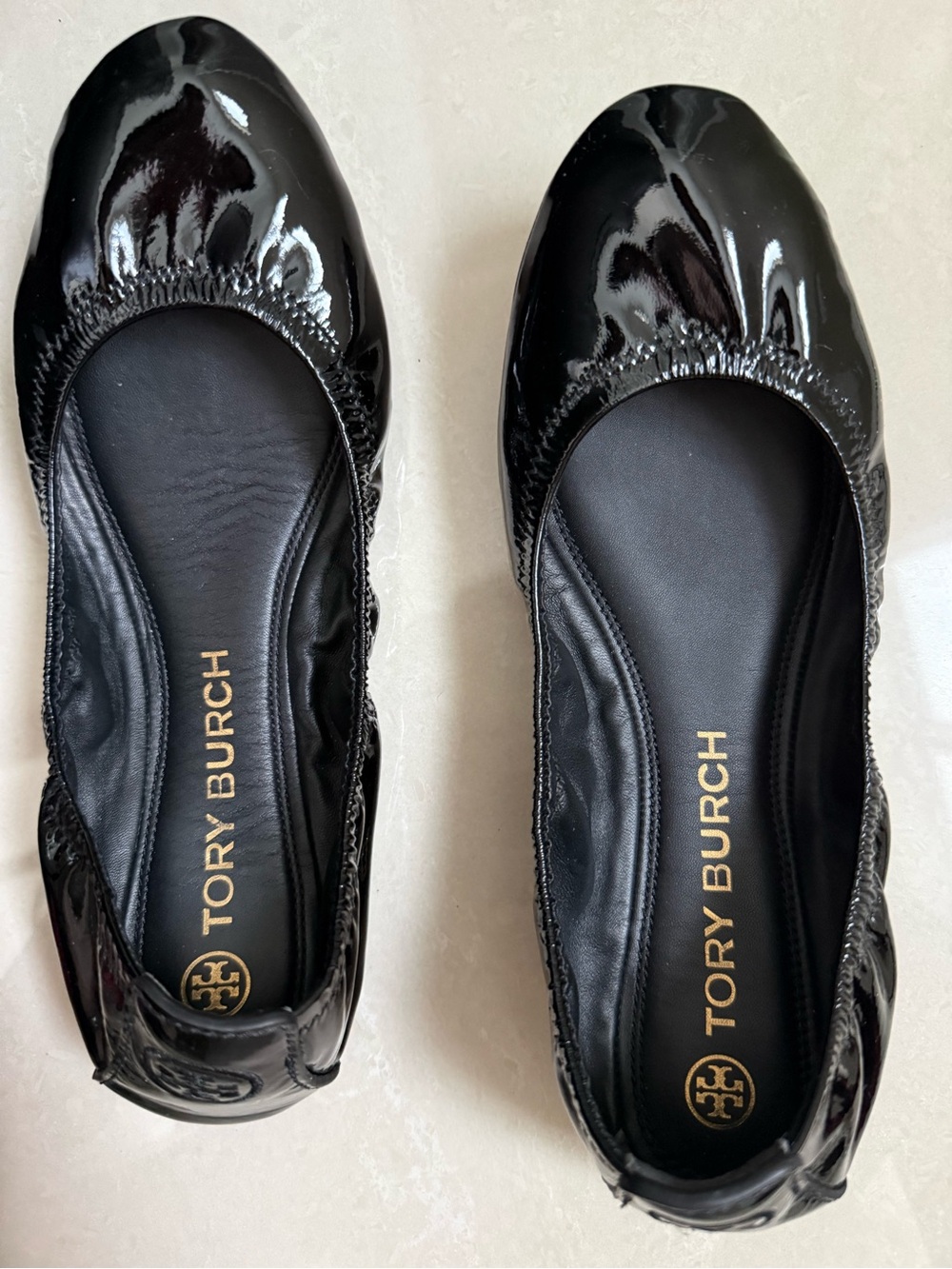 Tory Burch Black Patent Leather Eddie Ballet Flats with Logo